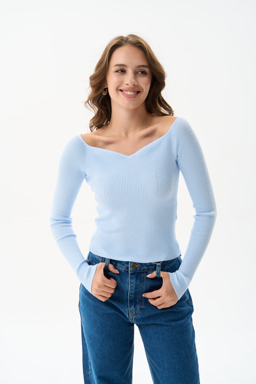 Blue Sweetheart Neckline Ribbed knit Long Sleeve