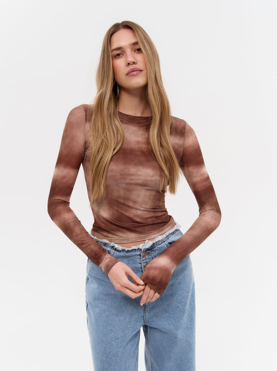 Brown Gradient Effect Long Sleeve Top