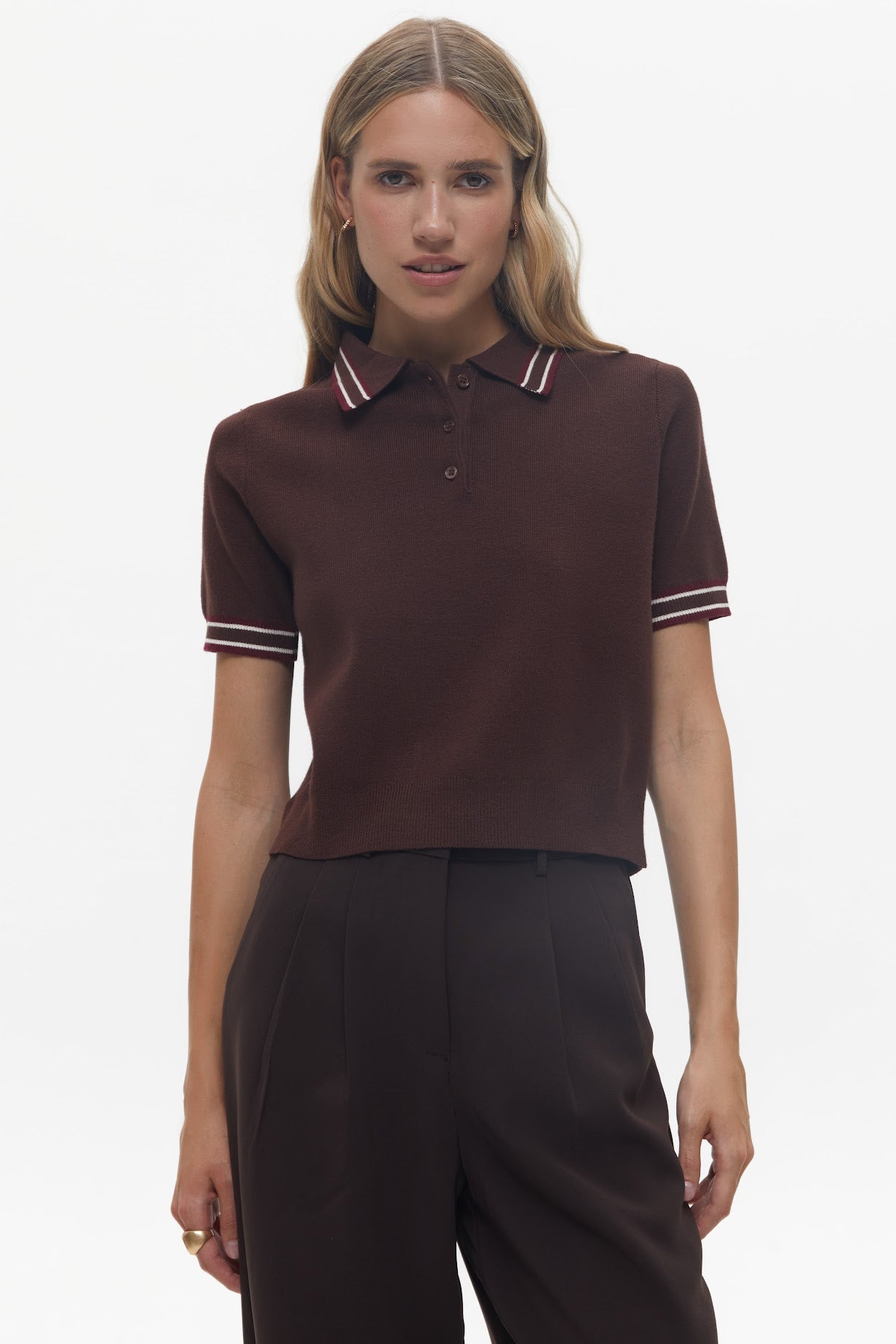 Chocolate Polo Jumper with Accent Stripes