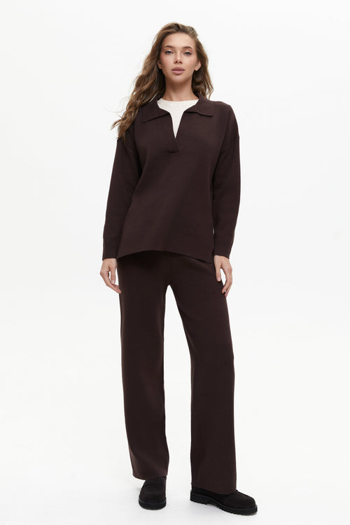 Two piece brown suit with Relaxed Fit Polo Sweater and Palazzo Pants