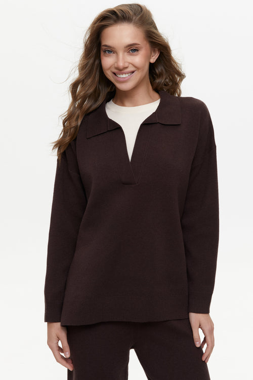 Two piece brown suit with Relaxed Fit Polo Sweater and Palazzo Pants
