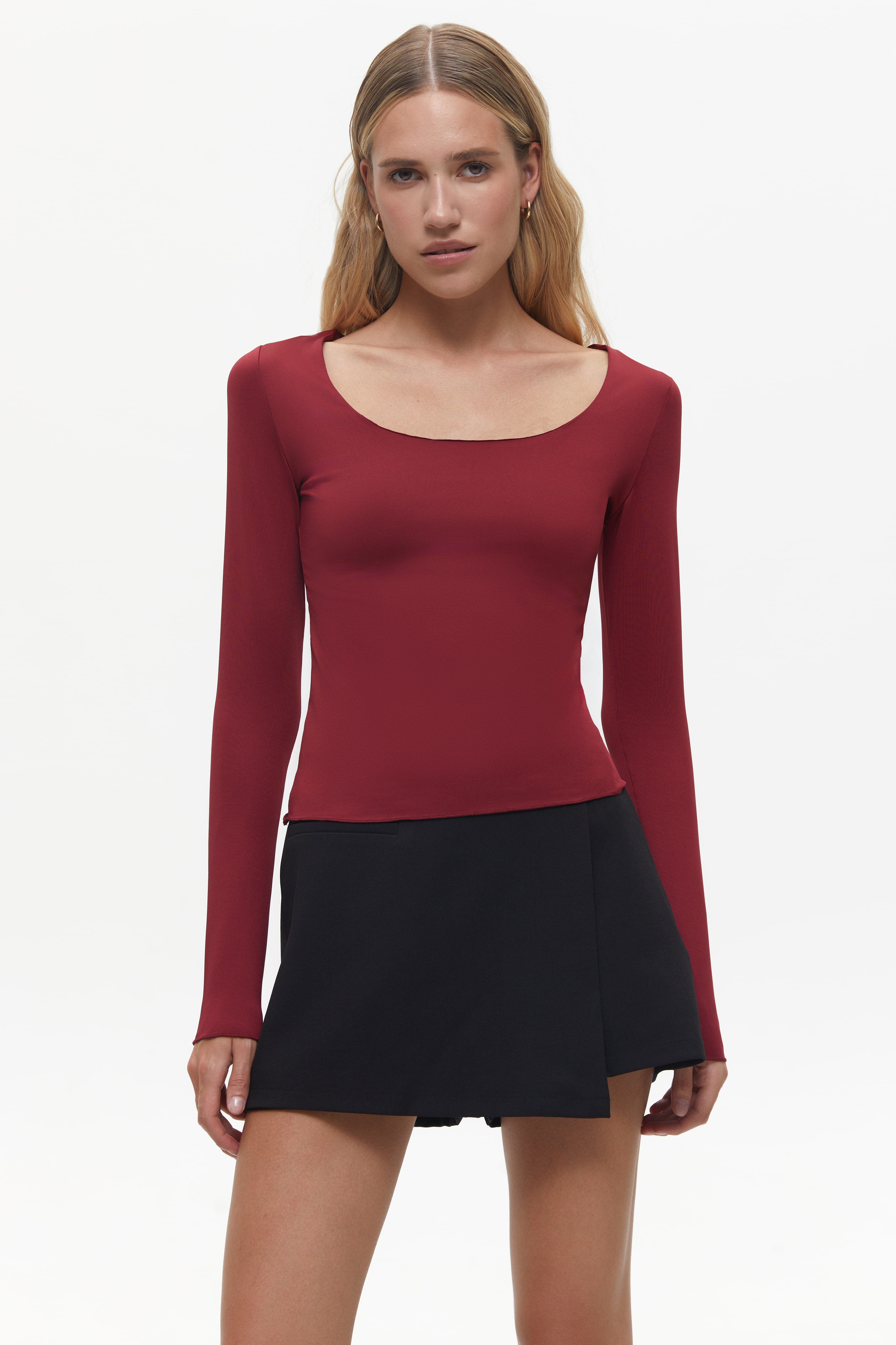 Burgundy Wide Neck Long Sleeve Top