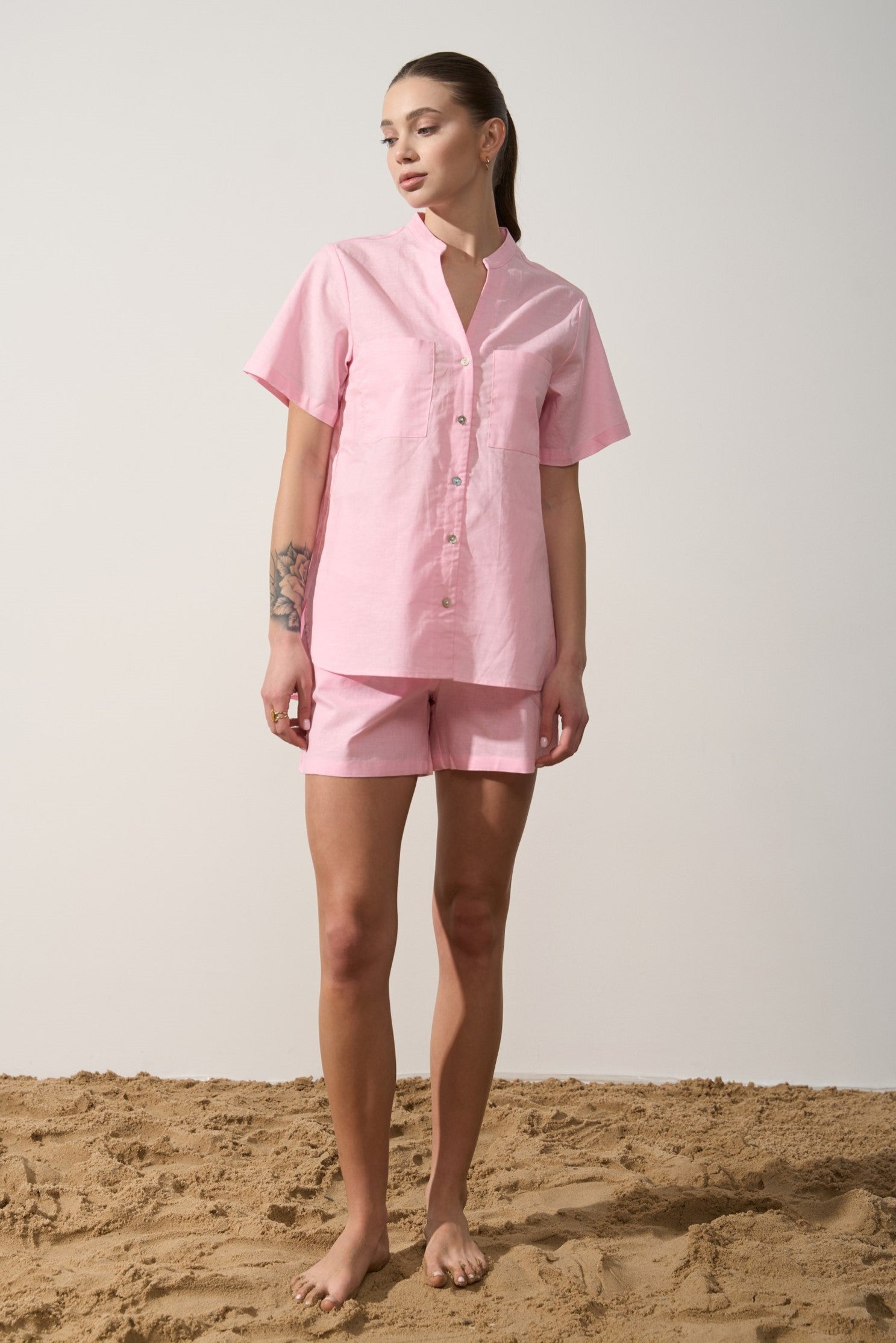Pink Linen Blend Shorts