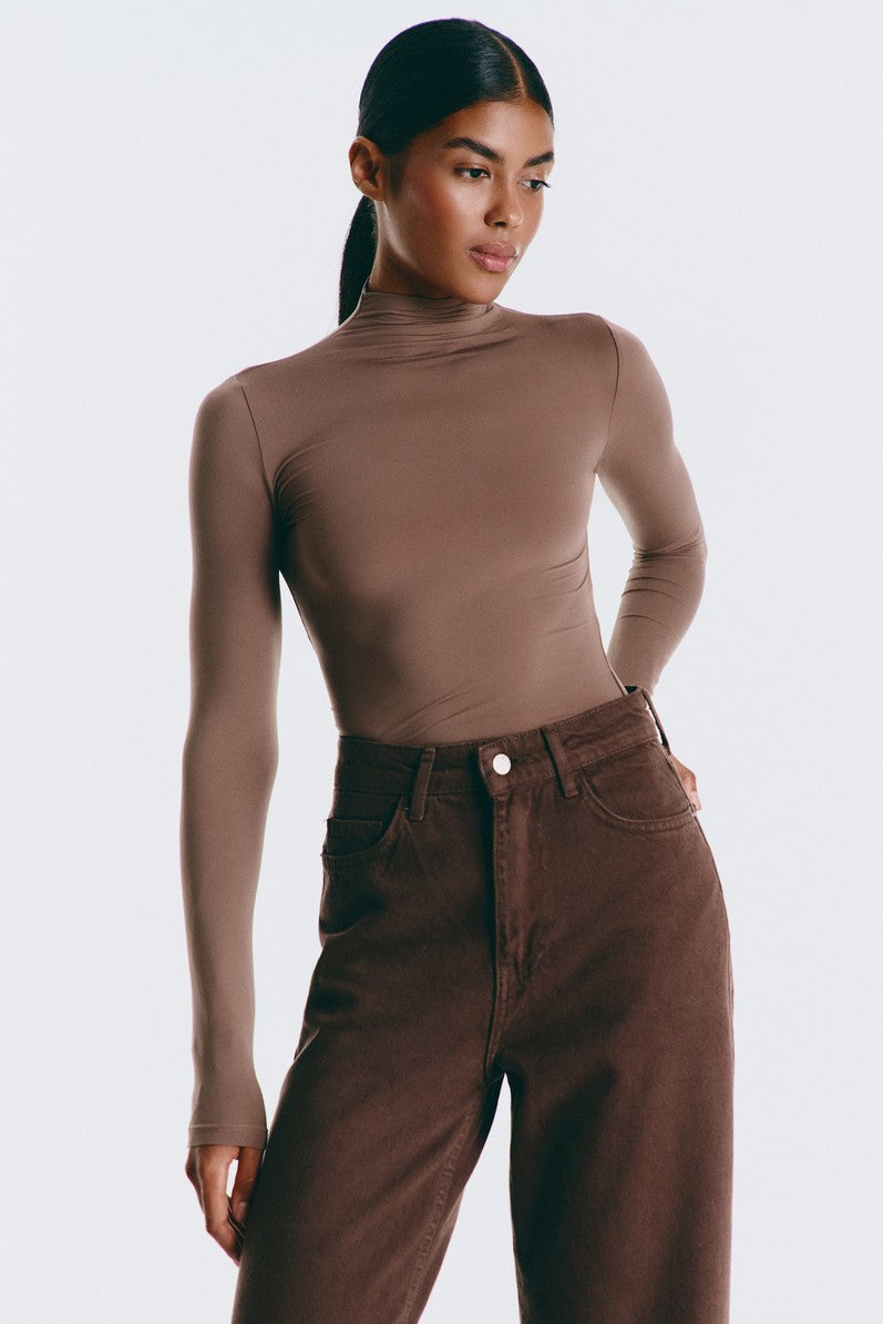 Brown High Neck Long Sleeve Top