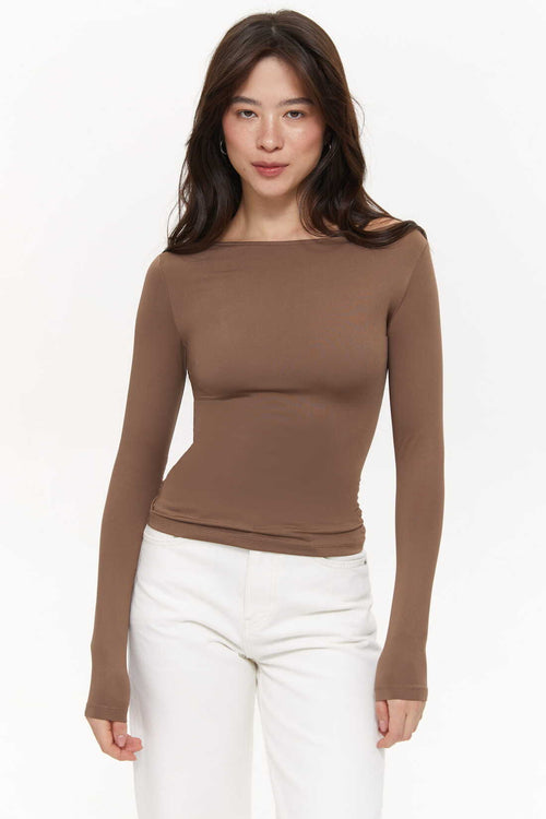 Boat-neck long-sleeve top, Chocolate