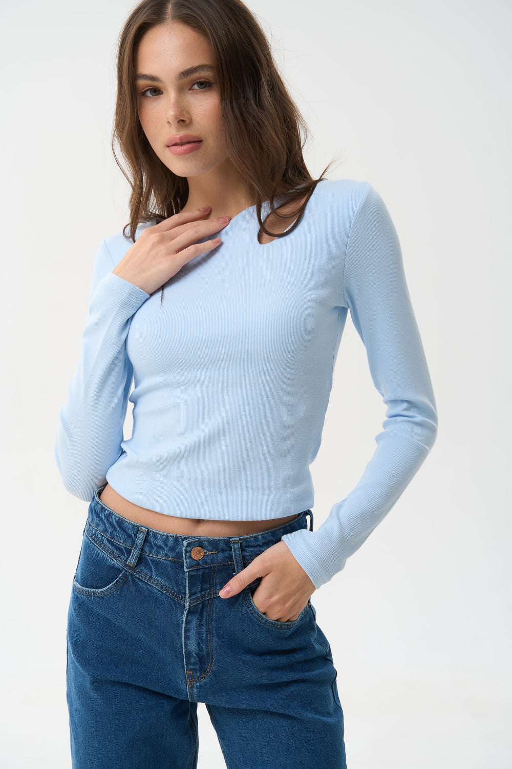 Blue Assymmetric Neckline Long Sleeve Top