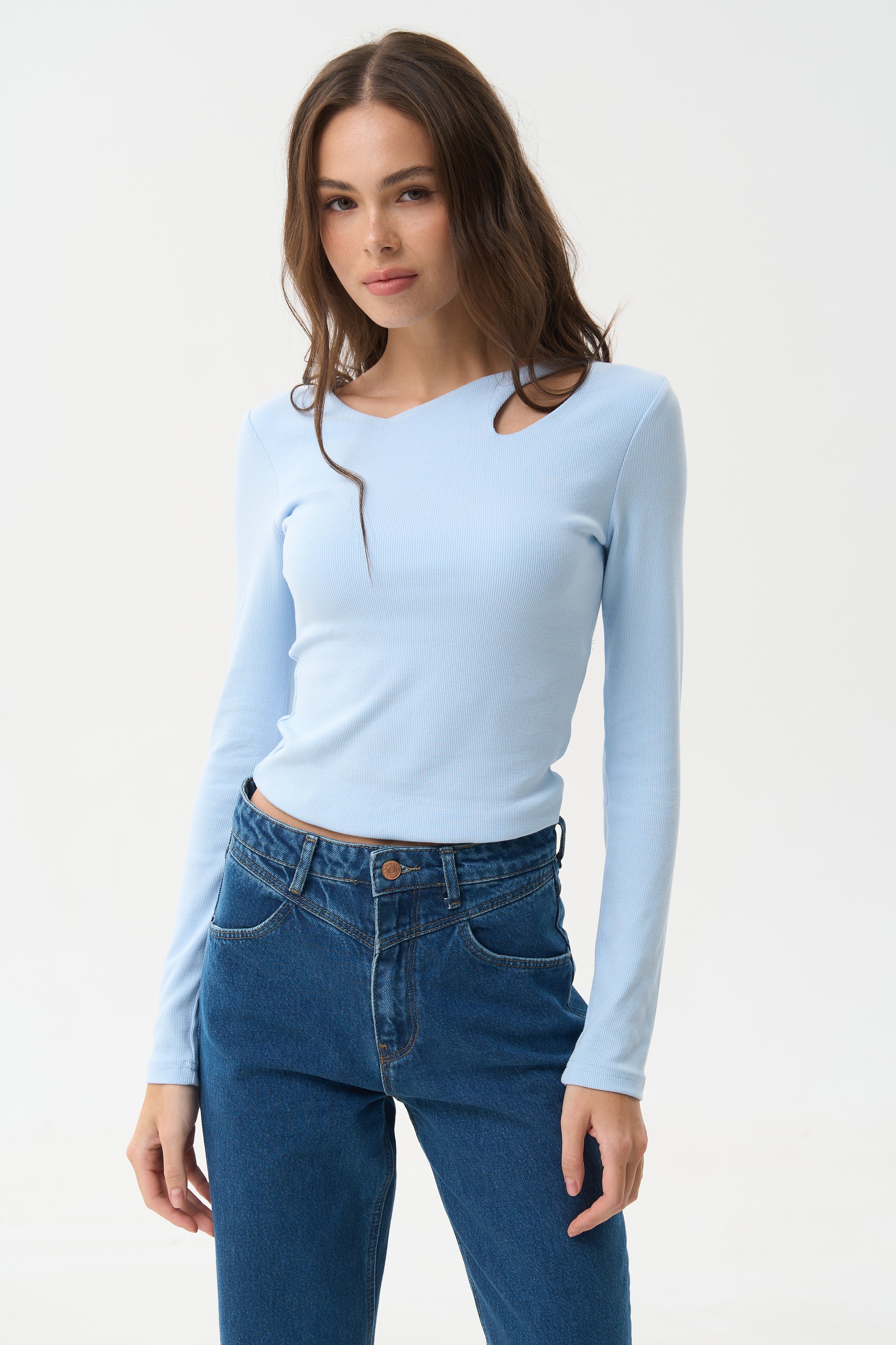 Blue Assymmetric Neckline Long Sleeve Top