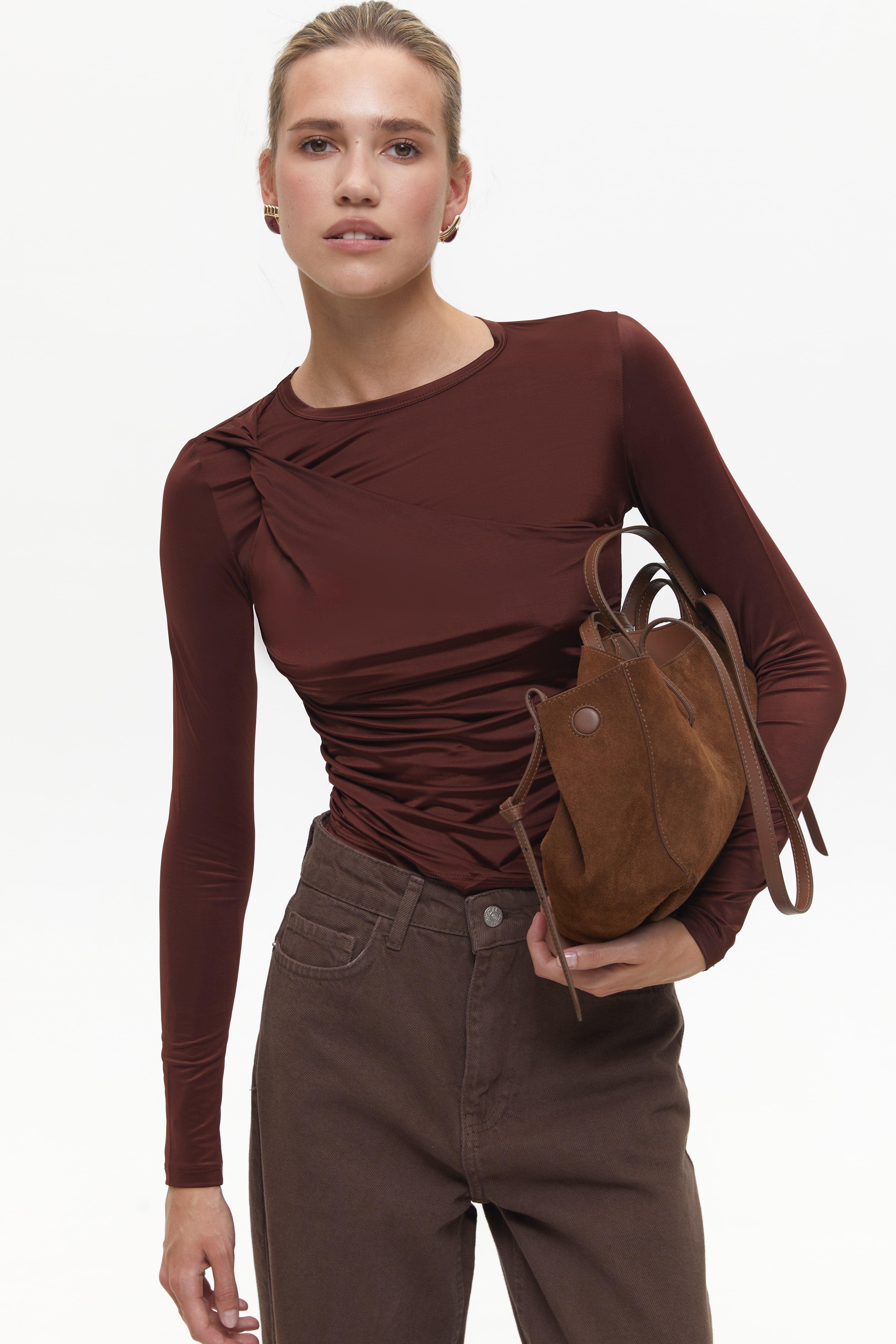 Brown Draped Long Sleeve Top