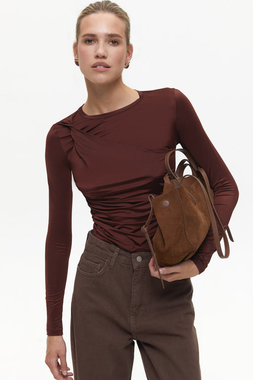 Brown Draped Long Sleeve Top