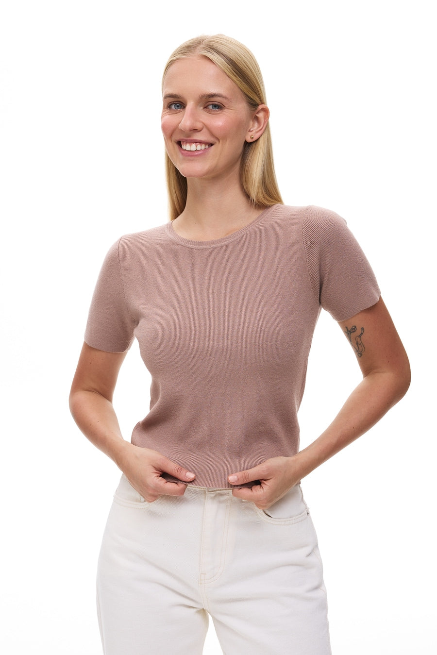 Short-Sleeve Knit Top, Beige