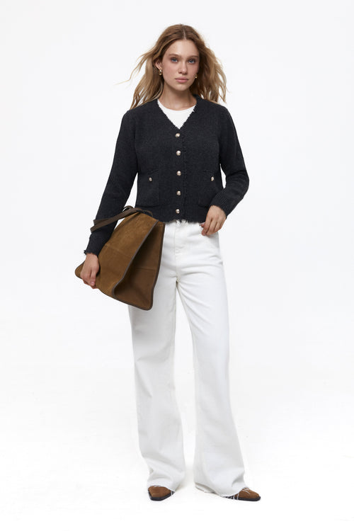 Dark Grey Buttoned Knit Cardigan