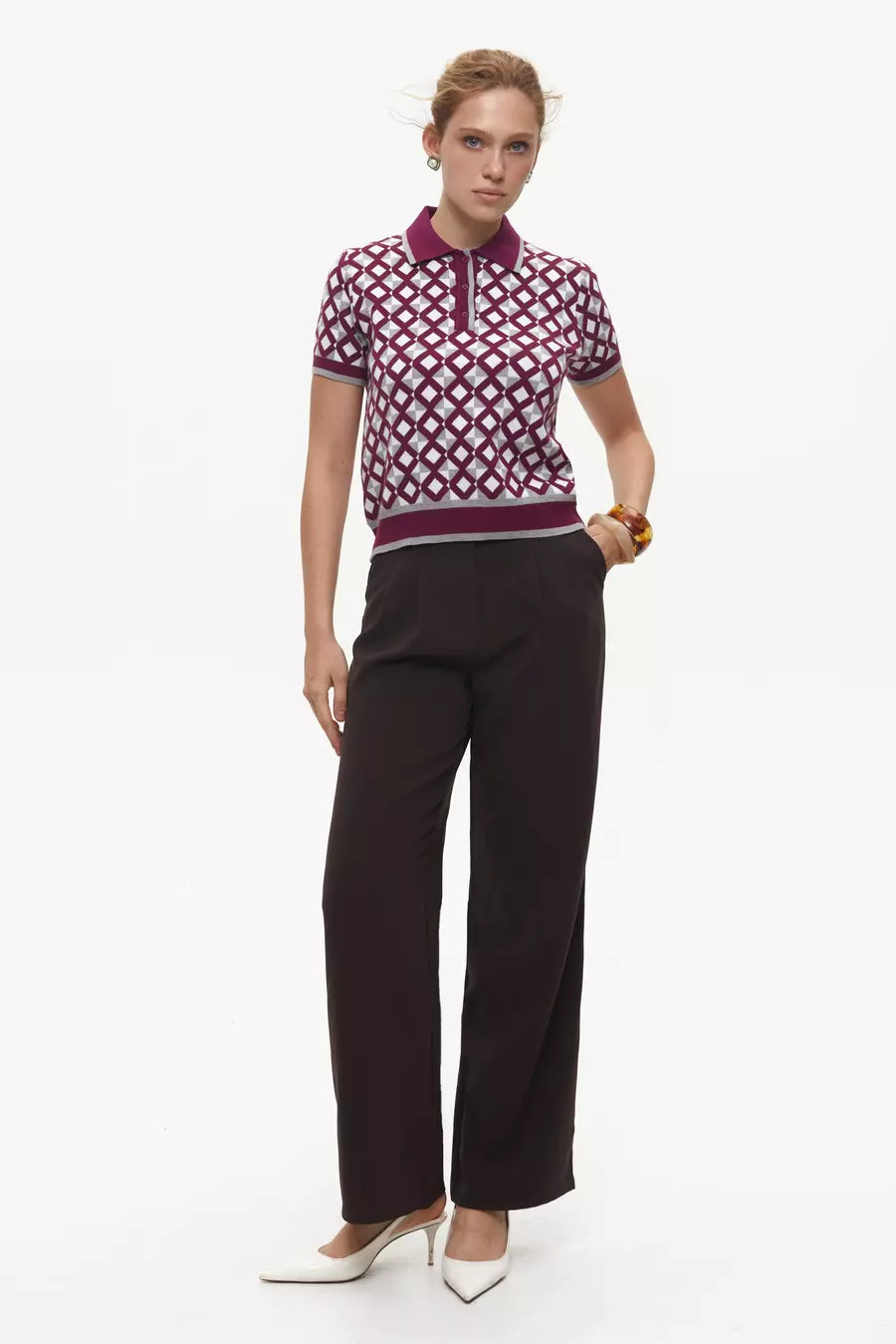 Burgundy Geometric Pattern Polo Jumper