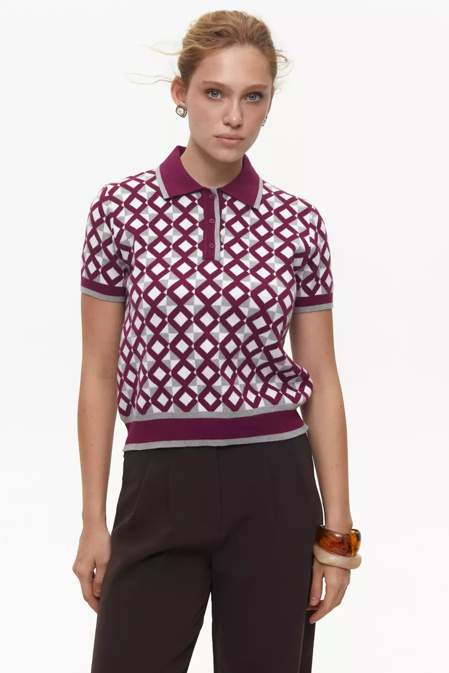 Burgundy Geometric Pattern Polo Jumper