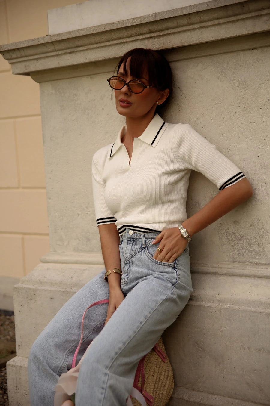Knitted Polo T-shirt with Cream Stripes