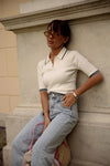 Knitted Polo T-shirt with Cream Stripes