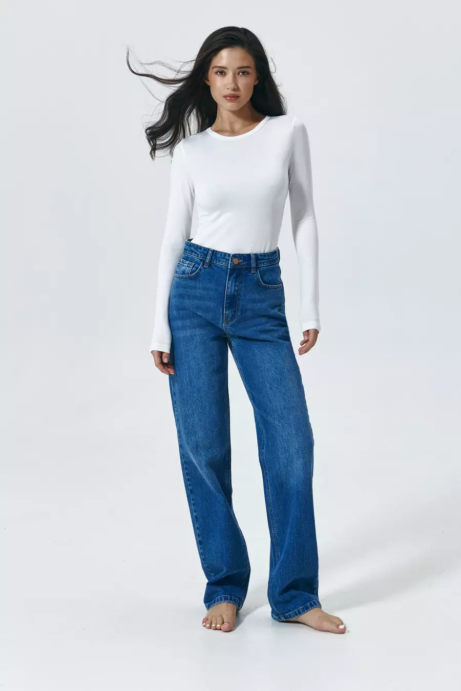 Dark Blue Washed Straight-Leg Jeans