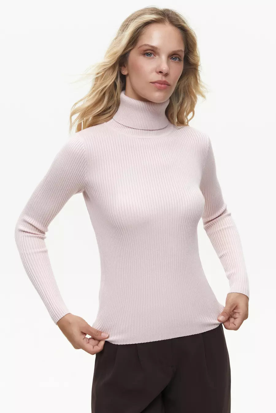 Powder Pink Fine Ribbed Turtleneck