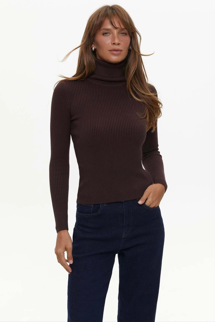 Ribbed turtleneck sweater in color brown