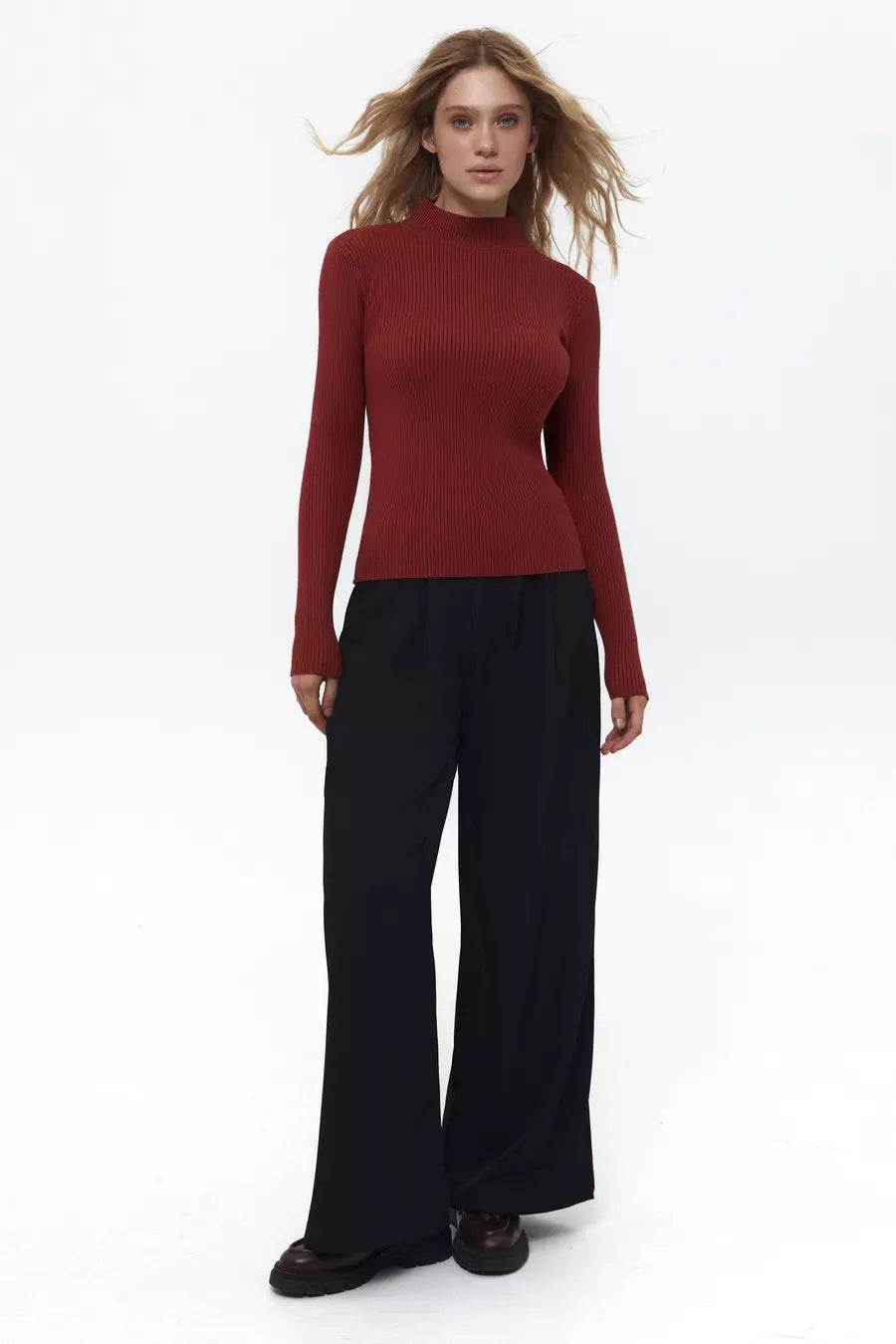 Terracotta Rib Knit Turtleneck Sweater