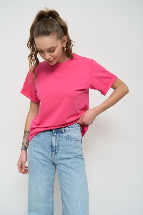 Magenta Pink Oversized Roll Up Sleeve T-Shirt - SOLMAR