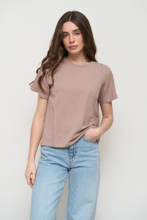 Beige T-Shirt with Decorative Seams