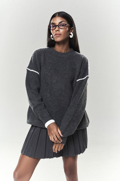 Grey Contrast Seam Knit Sweater - SOLMAR