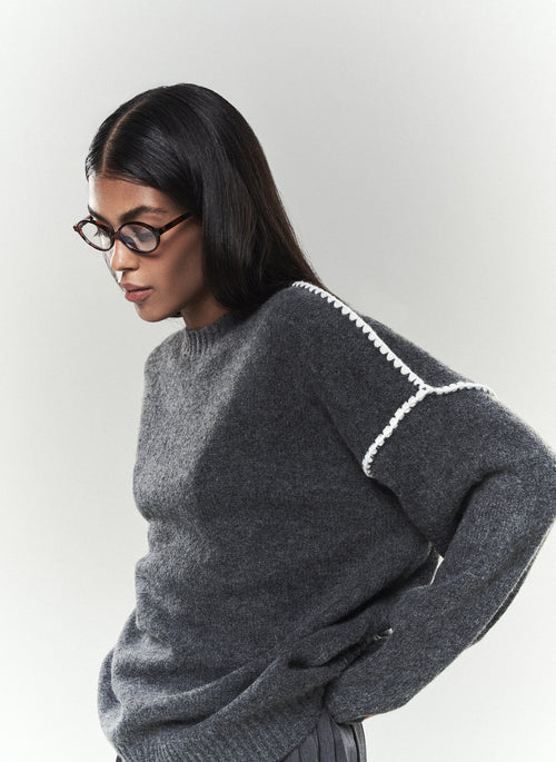 Grey Contrast Seam Knit Sweter