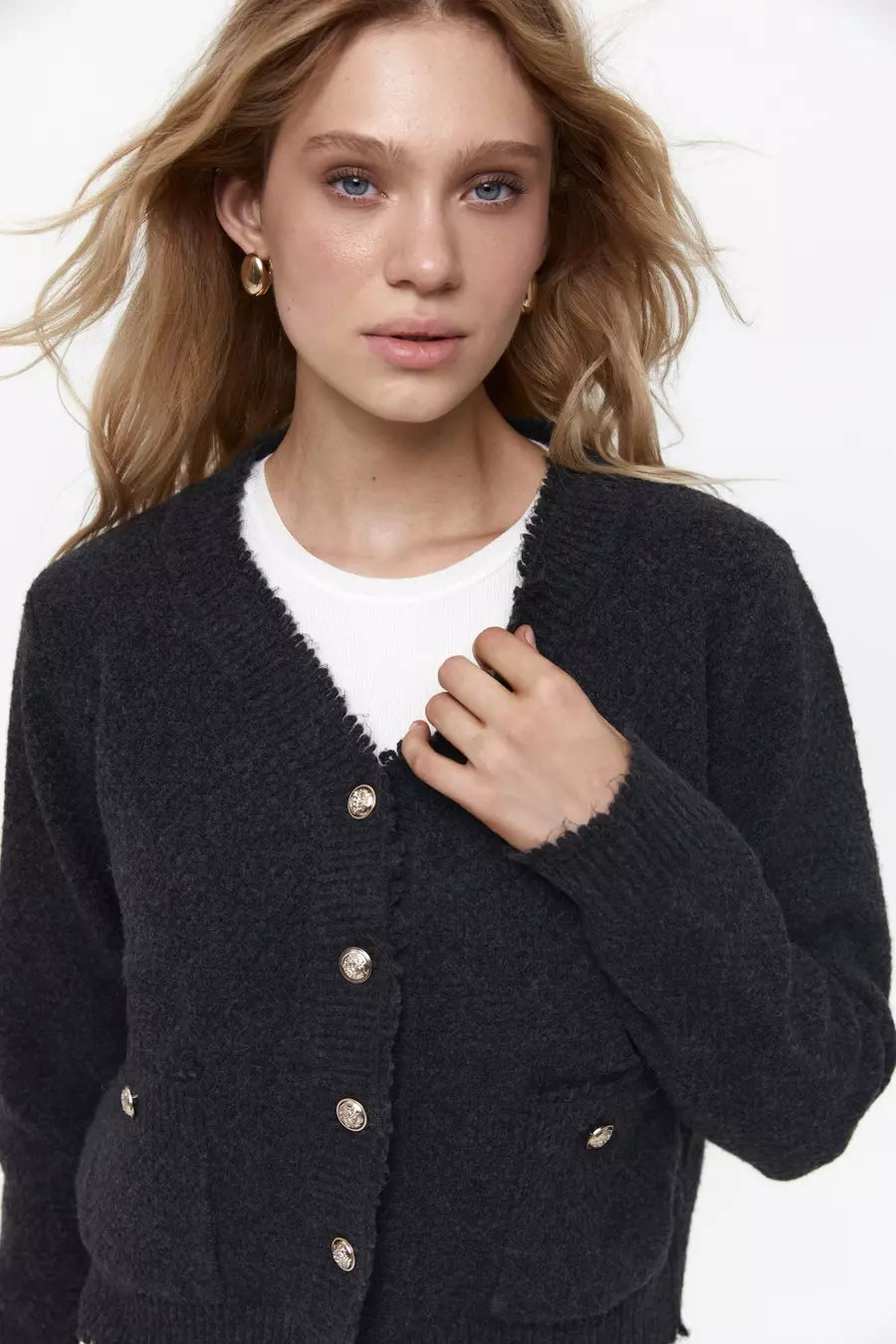 Dark Grey Buttoned Knit Cardigan