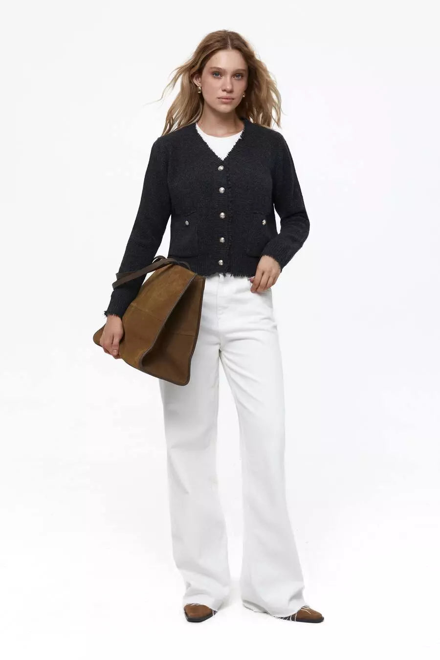Dark Grey Buttoned Knit Cardigan