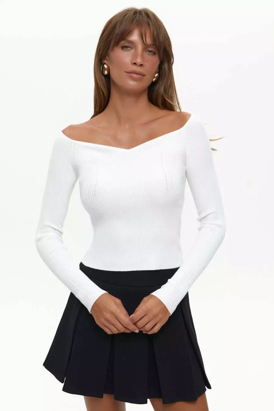 White Sugar Sweetheart Neckline Ribbed knit Long Sleeve