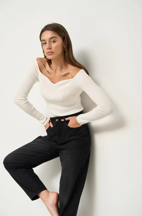 White Sweetheart Neckline Ribbed knit Long Sleeve - SOLMAR