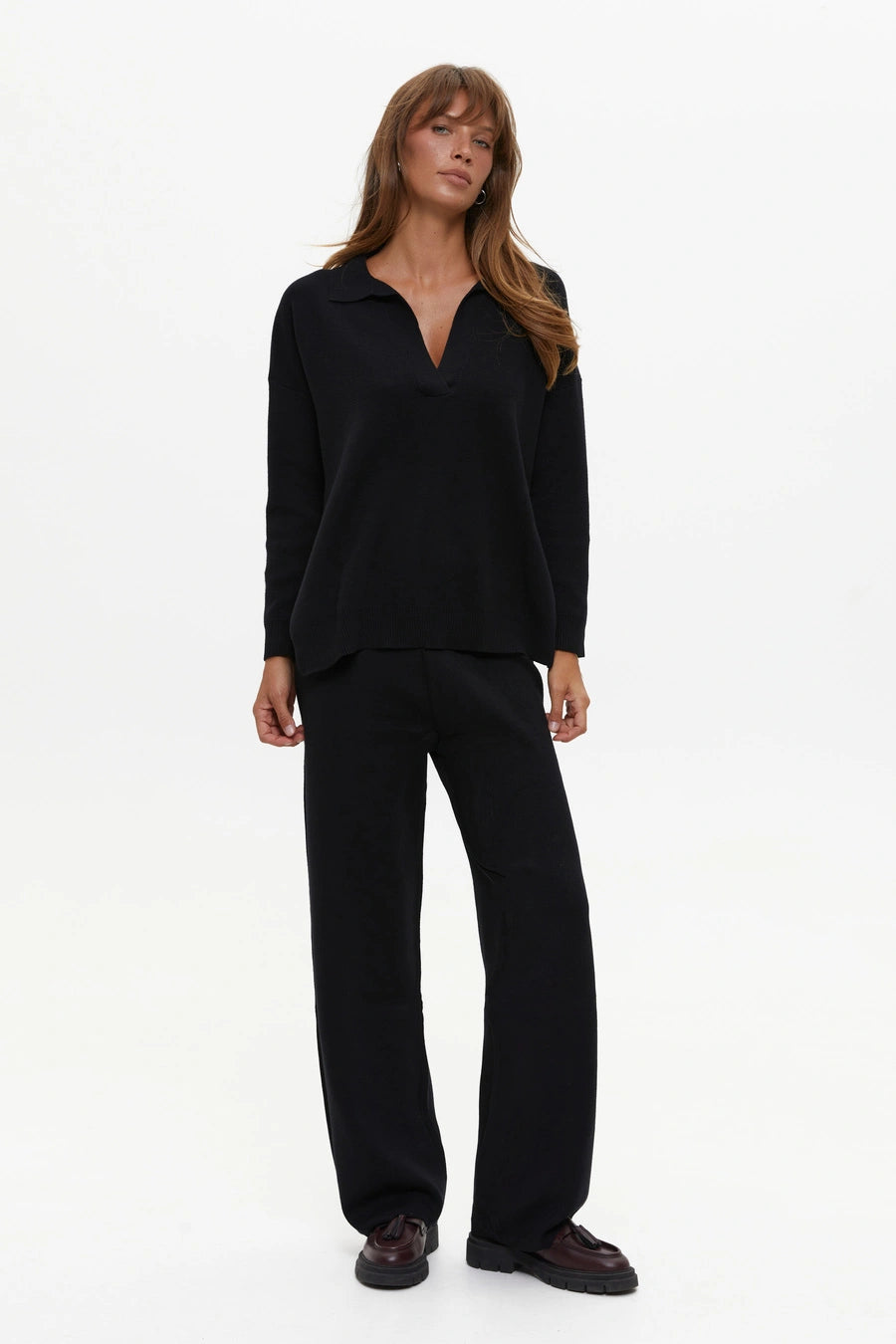 Two piece black suit with Relaxed Fit Polo Sweater and Palazzo Pants