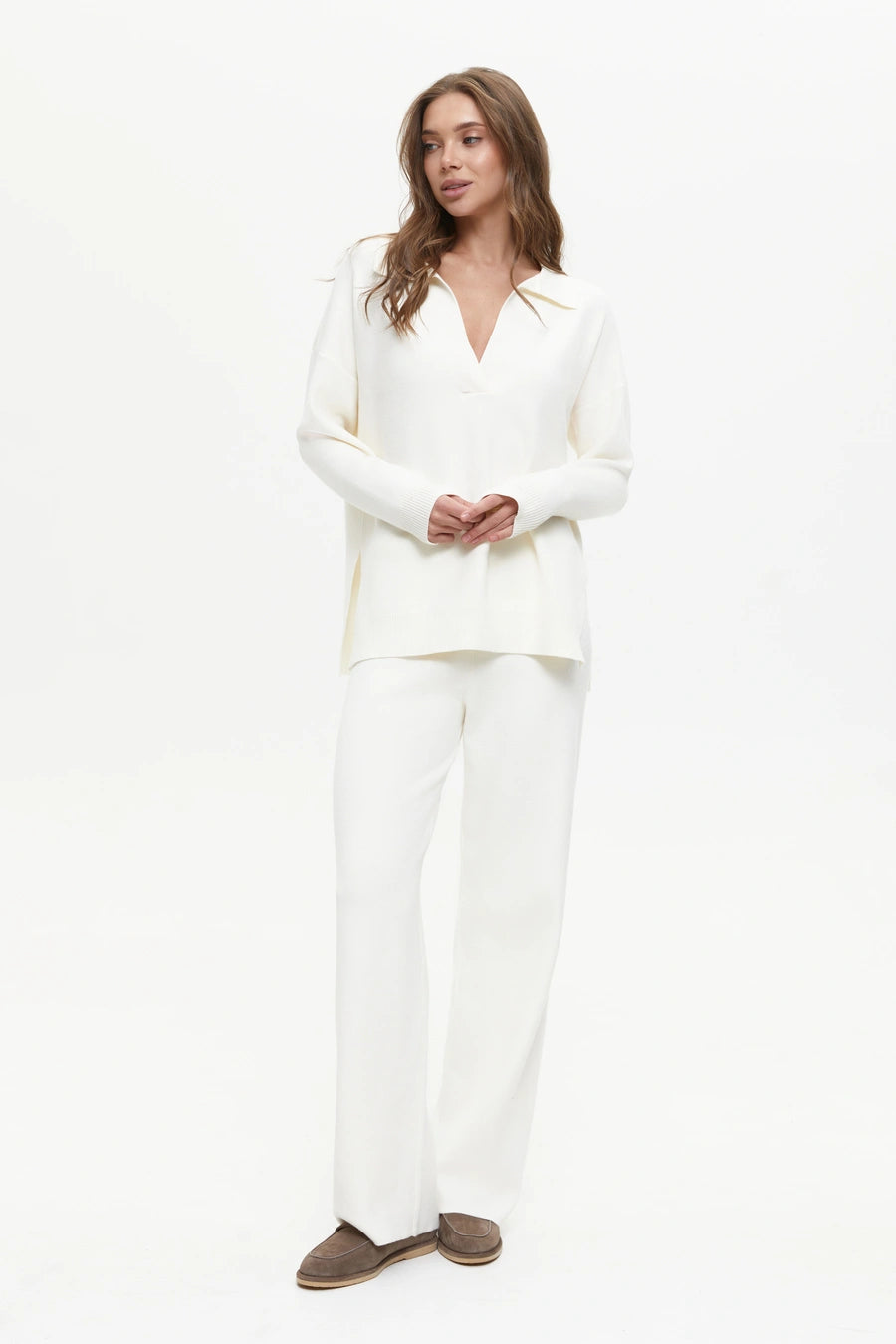 Two piece milk suit with Relaxed Fit Polo Sweater and Palazzo Pants