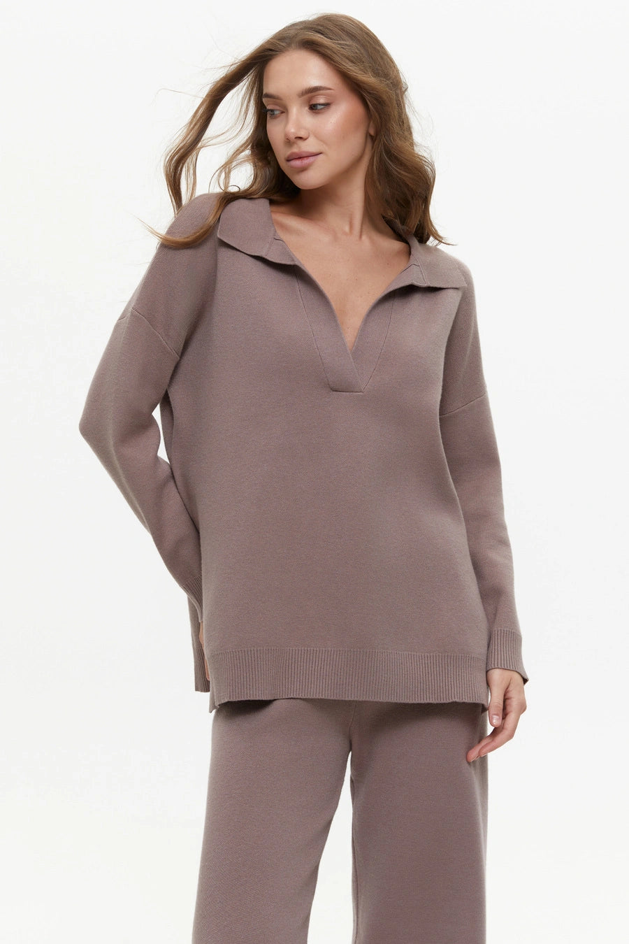 Two piece beige suit with Relaxed Fit Polo Sweater and Palazzo Pants