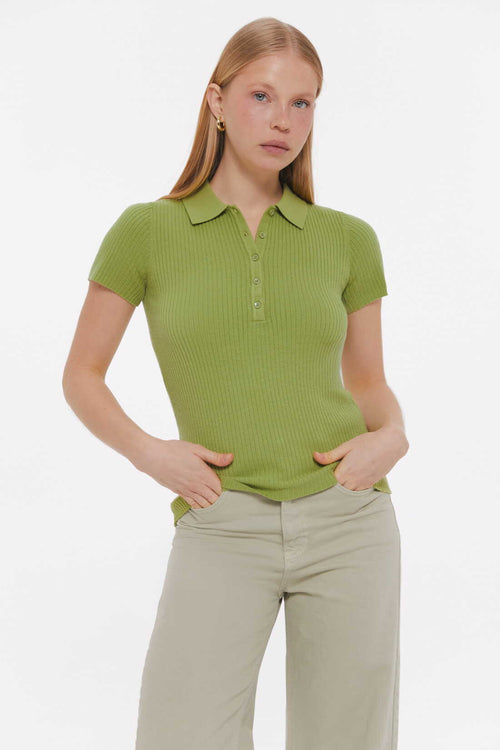 Pistachio Green Basic Ribbed Polo Shirt