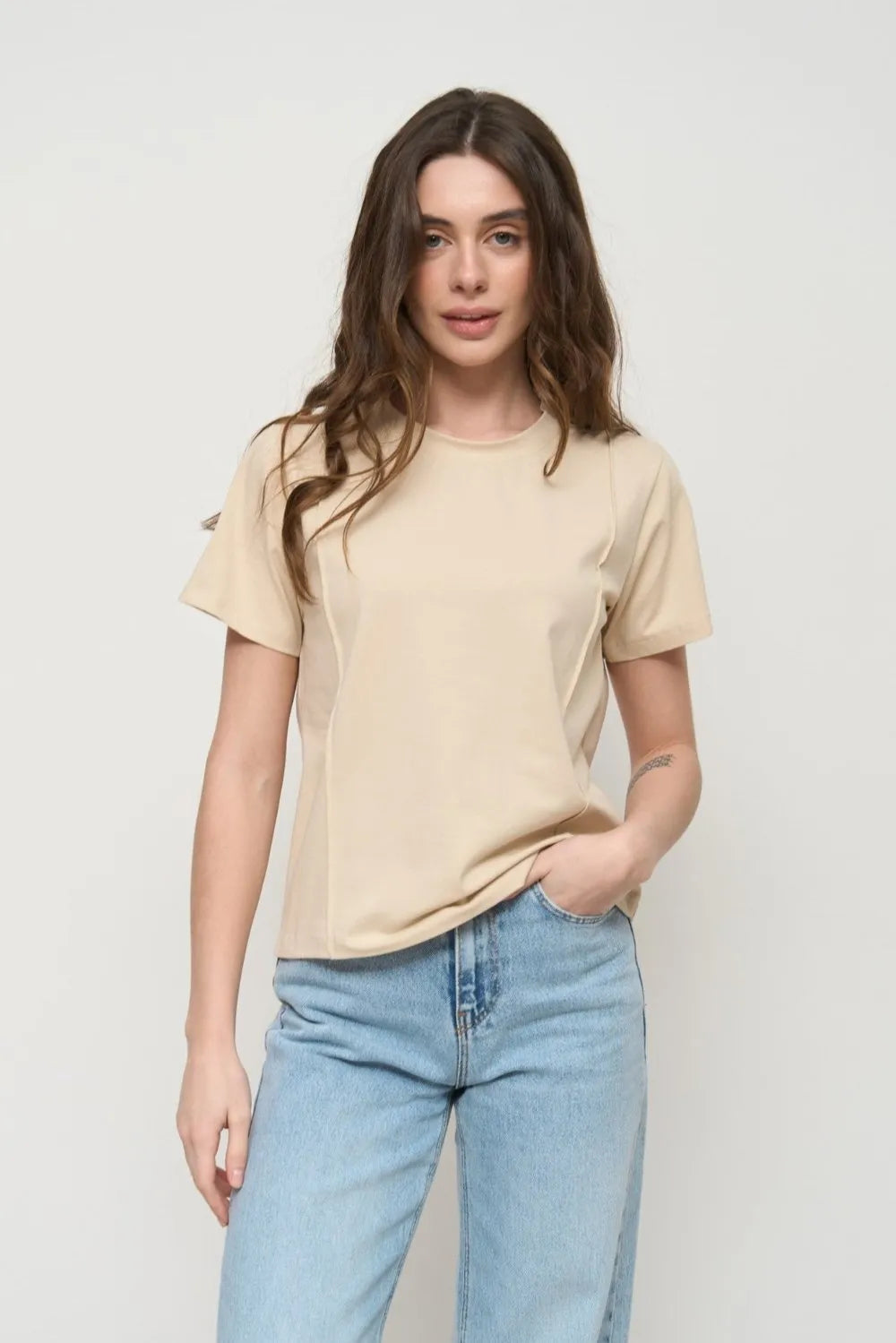 Beige T-Shirt with Decorative Seams