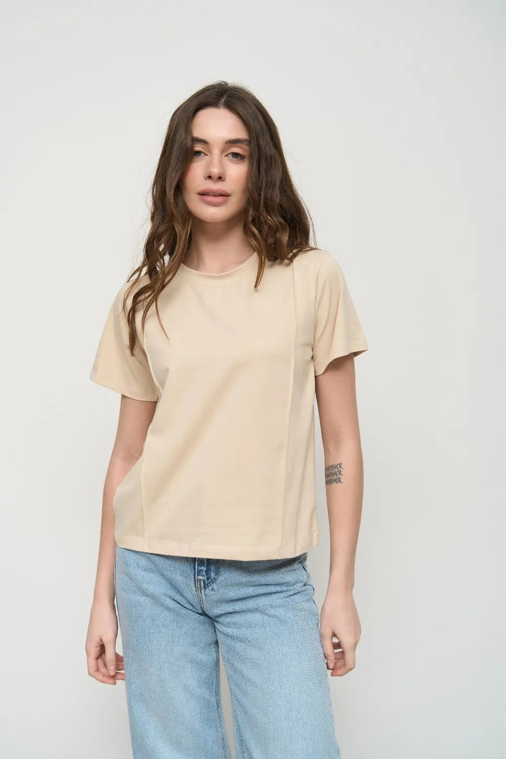 Beige T-Shirt with Decorative Seams - SOLMAR