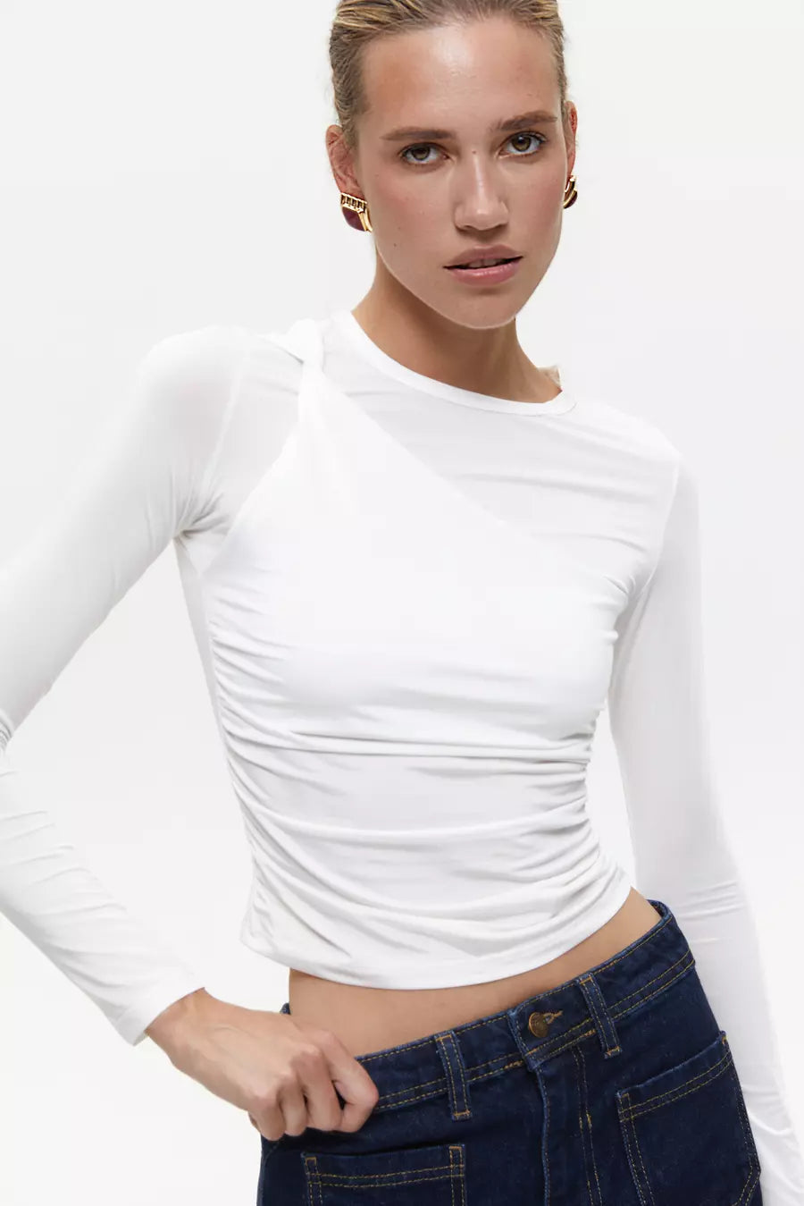 White Draped Long Sleeve Top