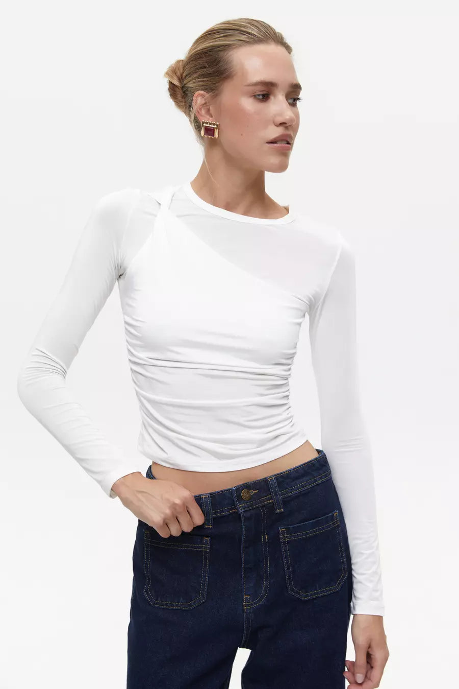 White Draped Long Sleeve Top