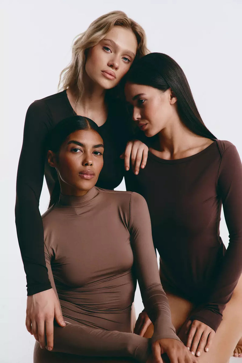 Brown High Neck Long Sleeve Top