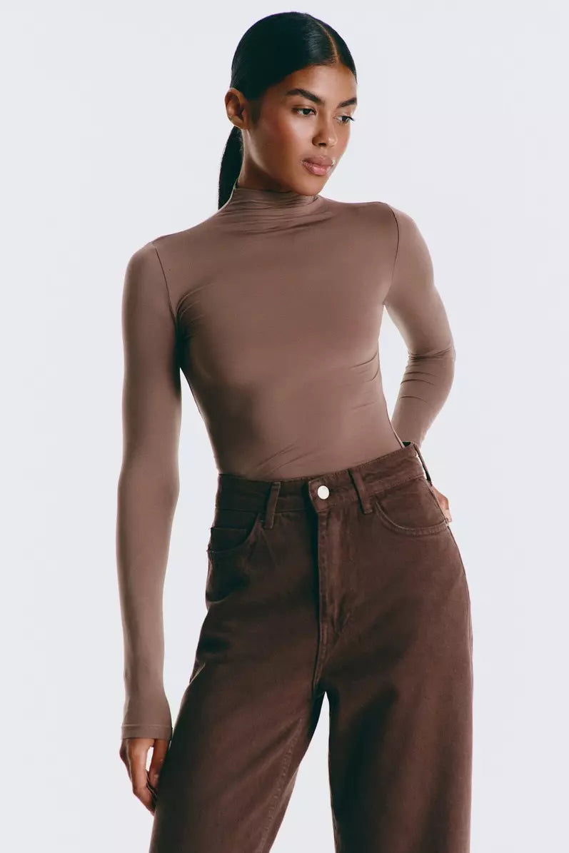 Brown High Neck Long Sleeve Top