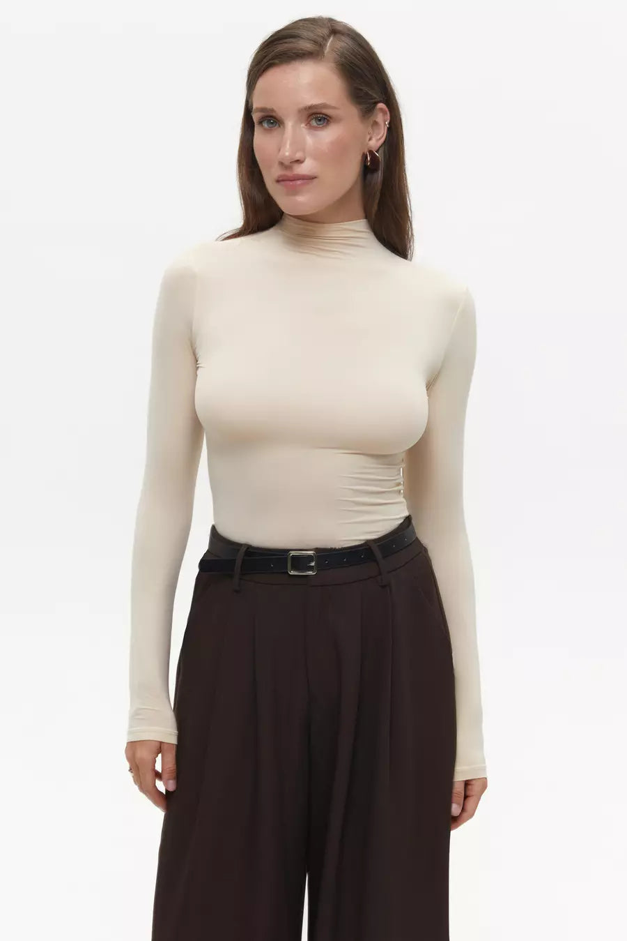 Beige High Neck Long Sleeve Top