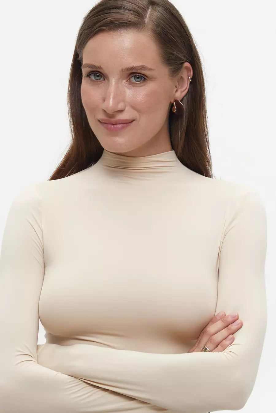 Beige High Neck Long Sleeve Top