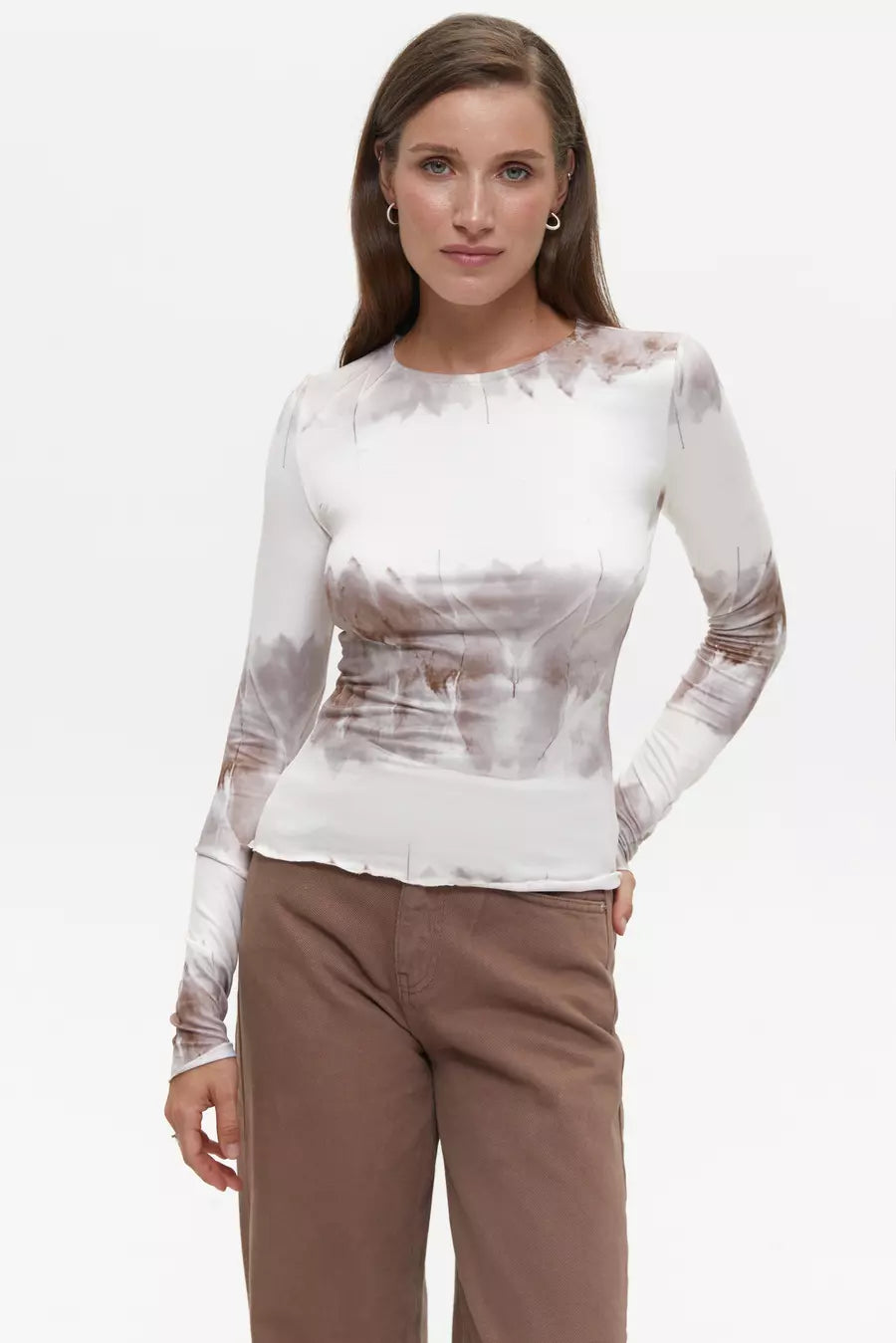 Beige Tie Die Long Sleeve Top