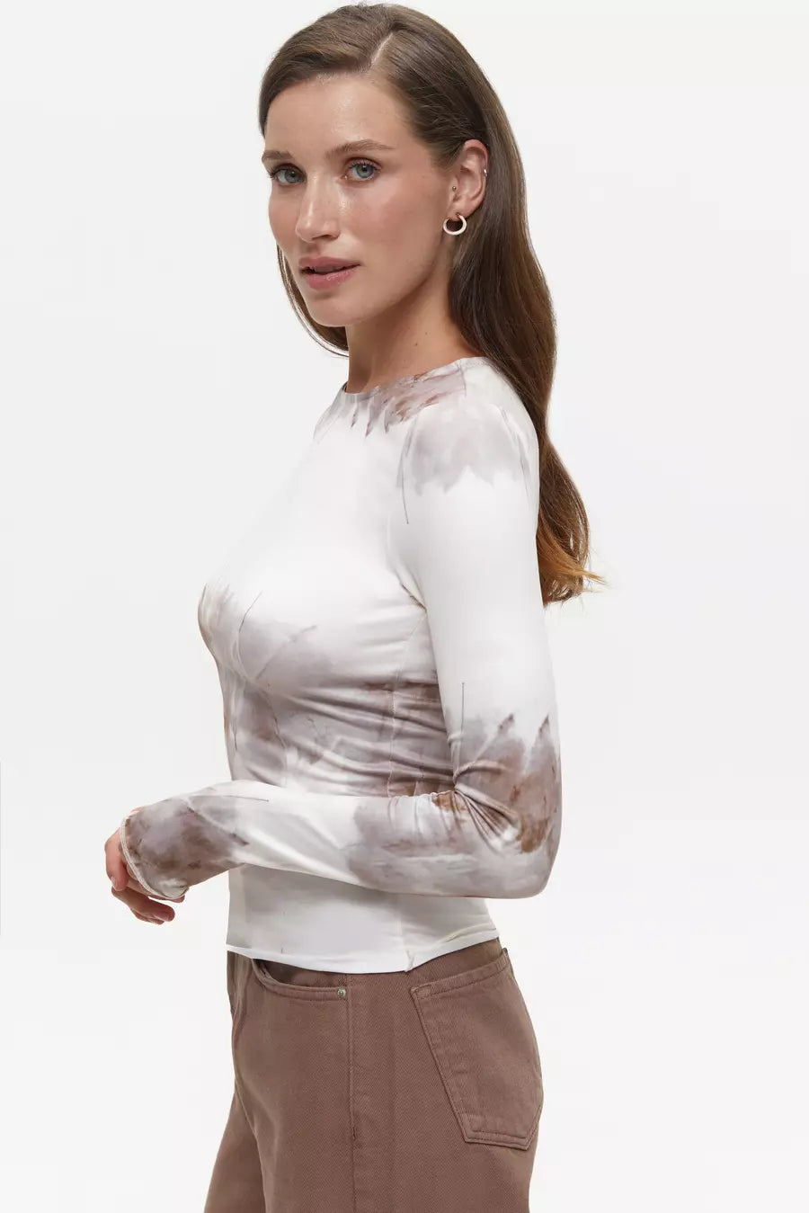 Beige Tie Die Long Sleeve Top