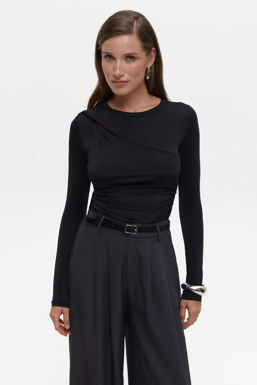 Black Draped Long Sleeve Top