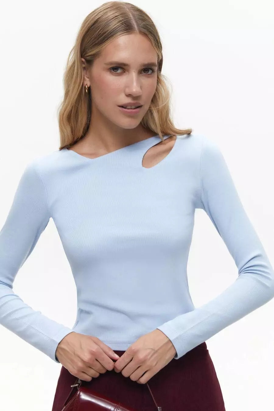 Blue Assymmetric Neckline Long Sleeve Top