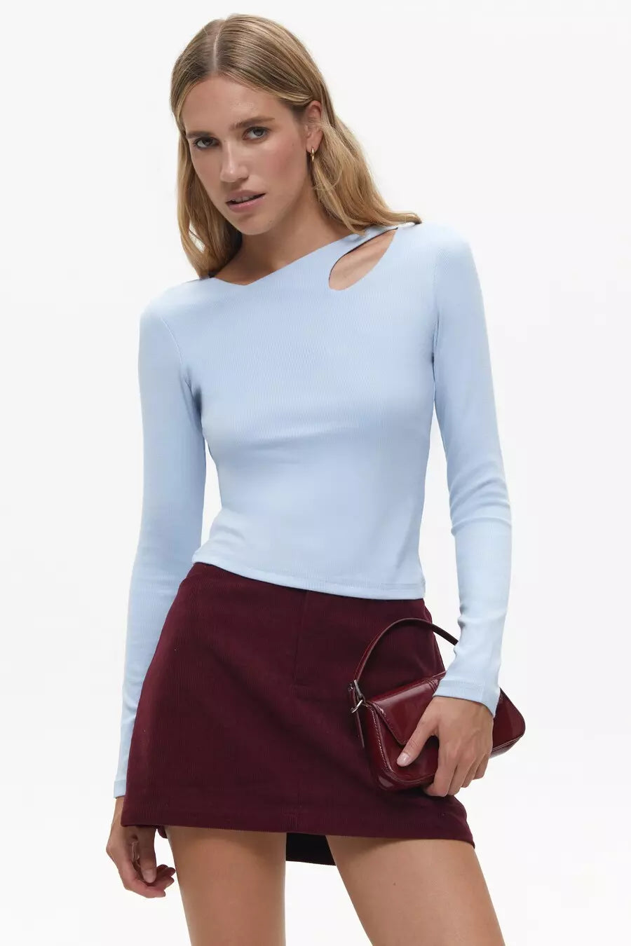 Blue Assymmetric Neckline Long Sleeve Top