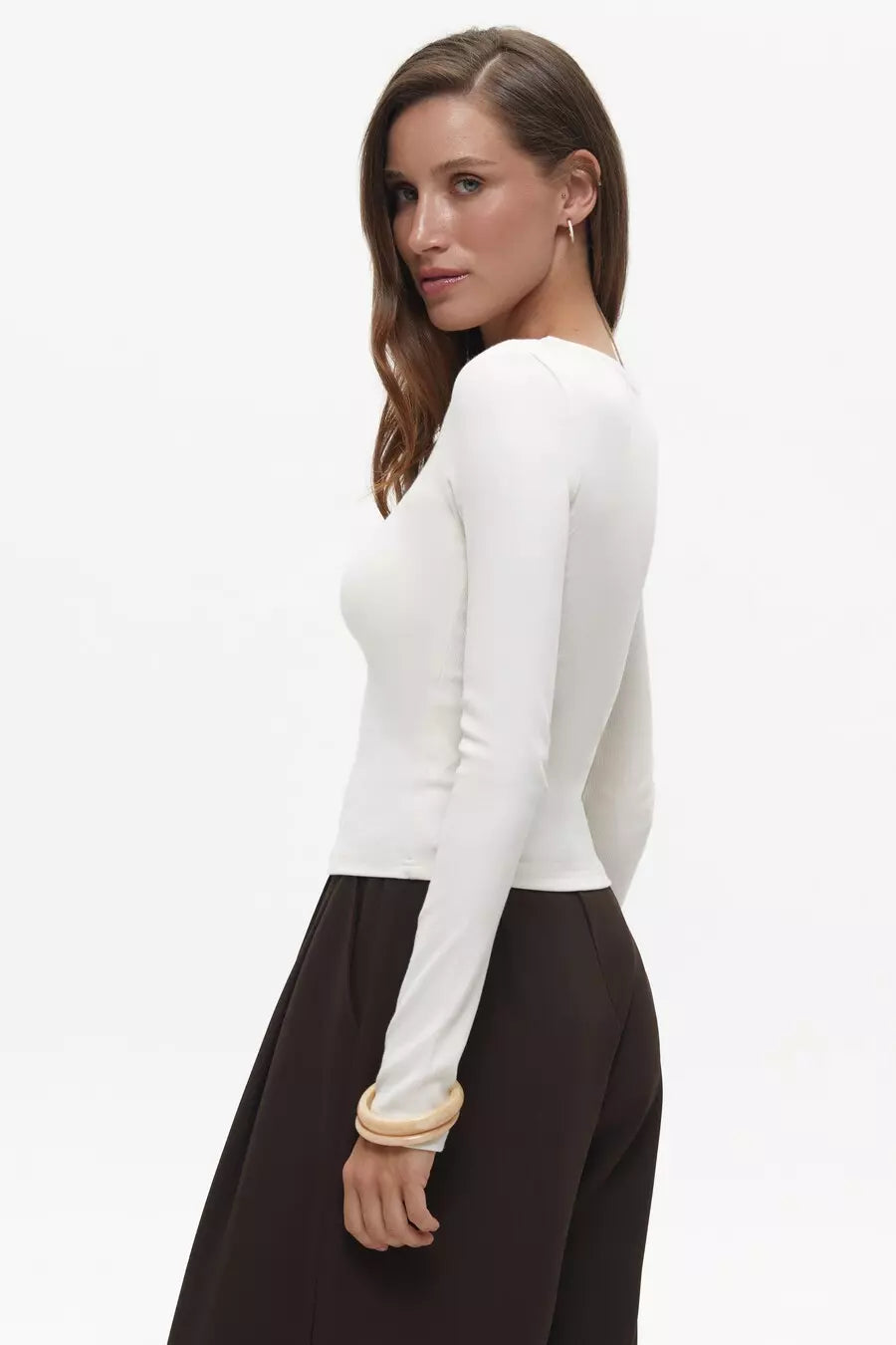 Cream Asymmetric Neckline Long Sleeve Top