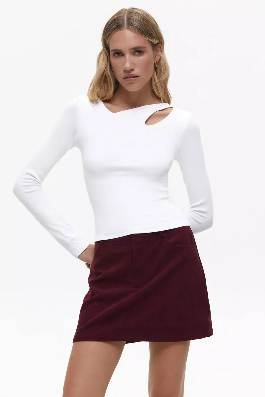 White Assymmetric Neckline Long Sleeve Top